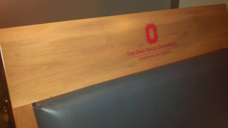 Crown of maple Laureate Chair with Ohio State logo on this feminie arm chair