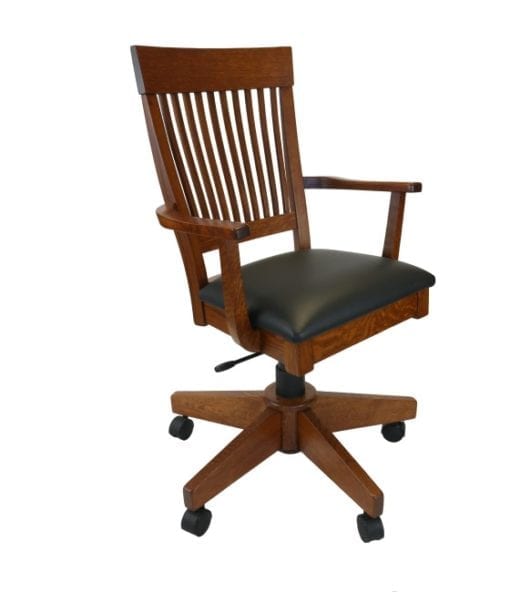 Brown mission business chair with black leather seats with swivel base