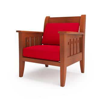 Brown Mission Chair with red fabric facing left - college chairs