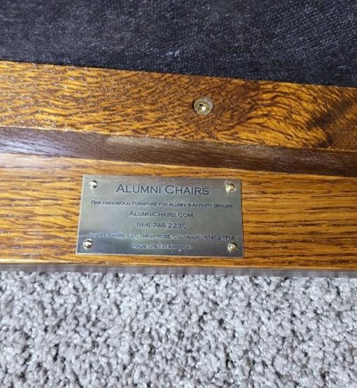 Alumni Chairs company nameplate under a Mission Chair ; college chairs