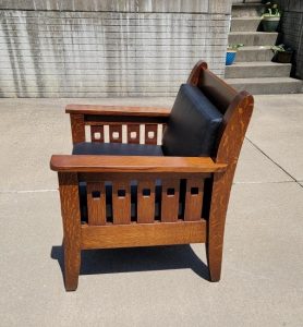 Mission Chair in Michael's Stain with black leather side view