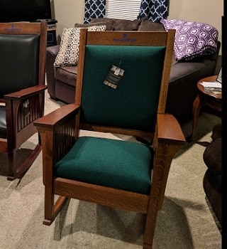 Brown Mision Rocking chair with green fabric - college chairs