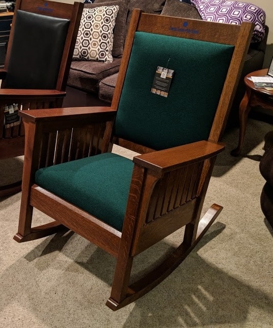Oak Mission Rocking Chair in MIchael's Stain with Green fabric, Amish rocking chair