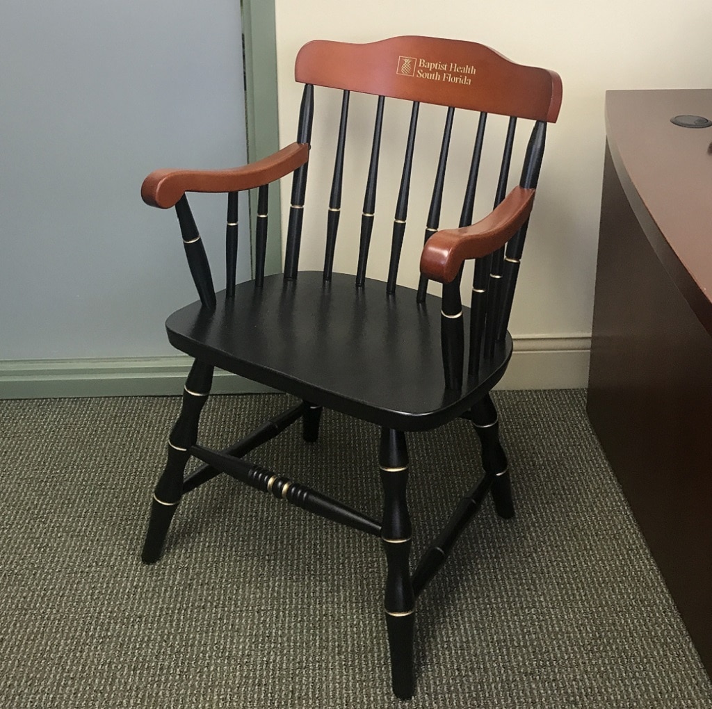 Black Captain's Chair with cherry arms and crown for college chairs