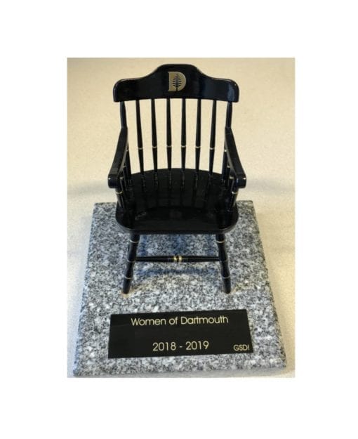 A miniature captain's chair for Dartmouth College on a granite base, college chairs