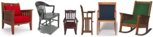 six of the chairs in Alumni Chairs' Four Lines of Collegiate Chairs