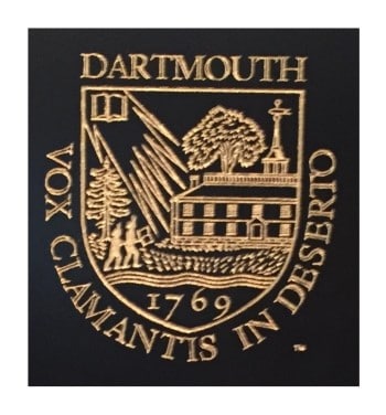 Gold Dartmouth Vox Clamantis crest on black background