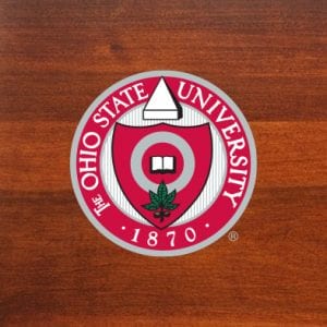 Colorful Oficial Seal on an Ohio State University logo chair finished in Mission Maple stain