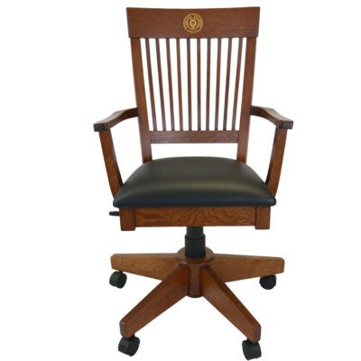 brown ACMDC desk chair with black leather seat and gold Ohio State Seal - front view