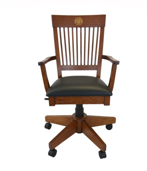 brown ACMDC desk chair with black leather seat and gold Ohio State Seal - front view