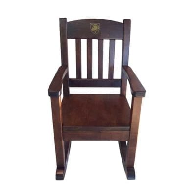 Brown child rocking chair with gold West Point logo